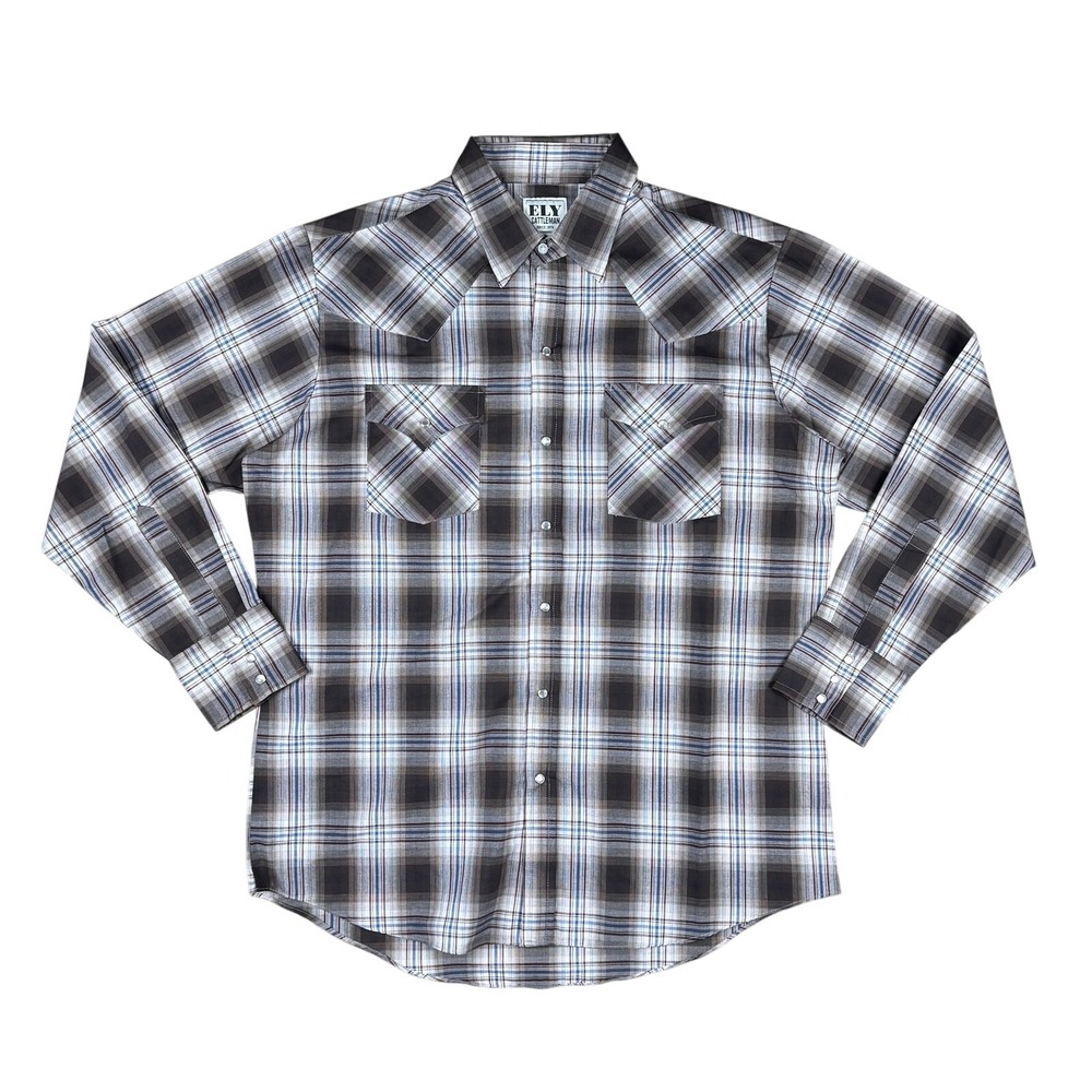 Ely Cattleman Plaid Western Pearl Snap Shirt Men's Large Brown Cream Blue Red‎